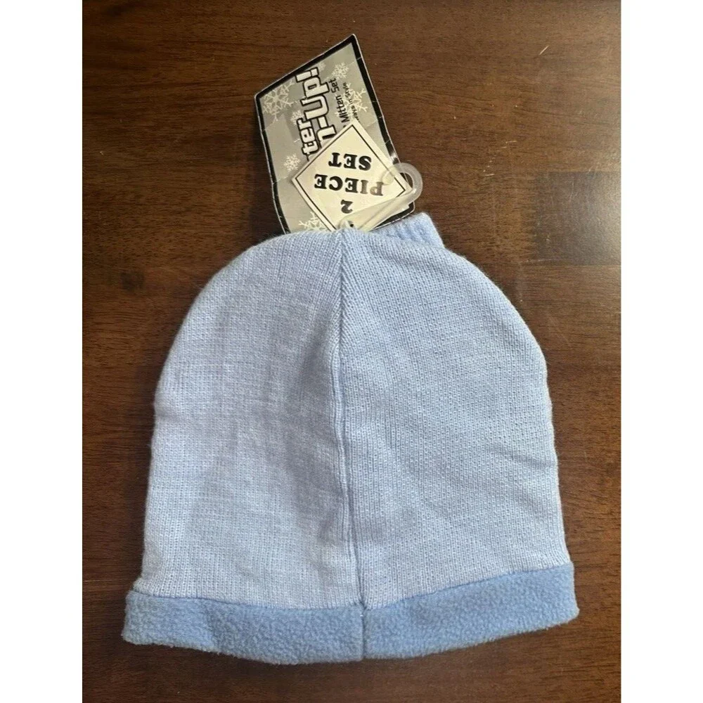 Winter Warm up ! unisex toddler size 2 to 4 blue beanie hat & gloves set